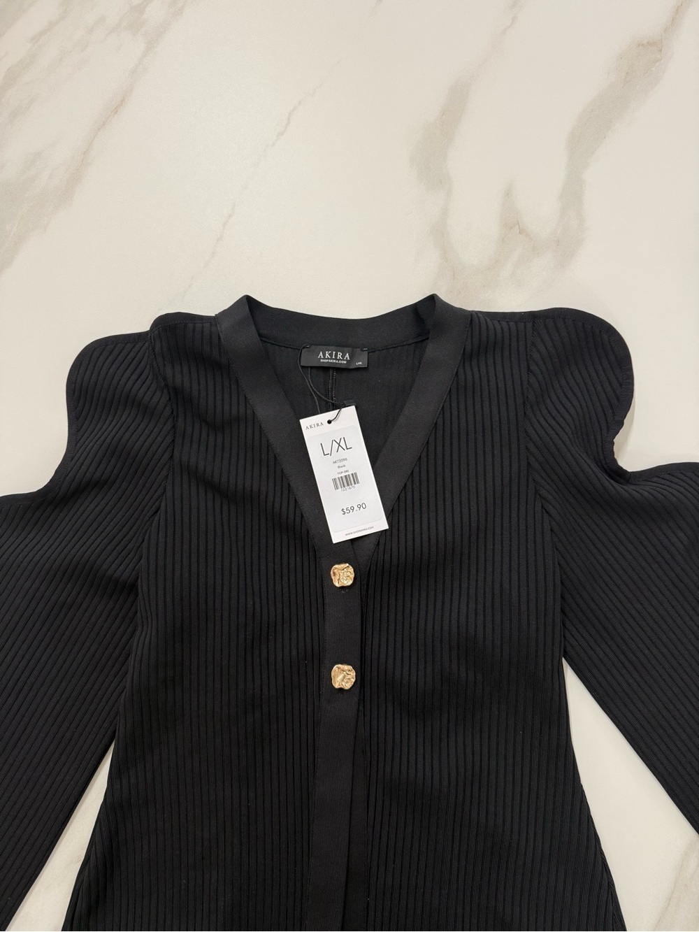 NWT AKIRA Black Wavy Structured Sleeve Ribbed Cardigan L/XL Statement Sweater - Picture 6 of 13